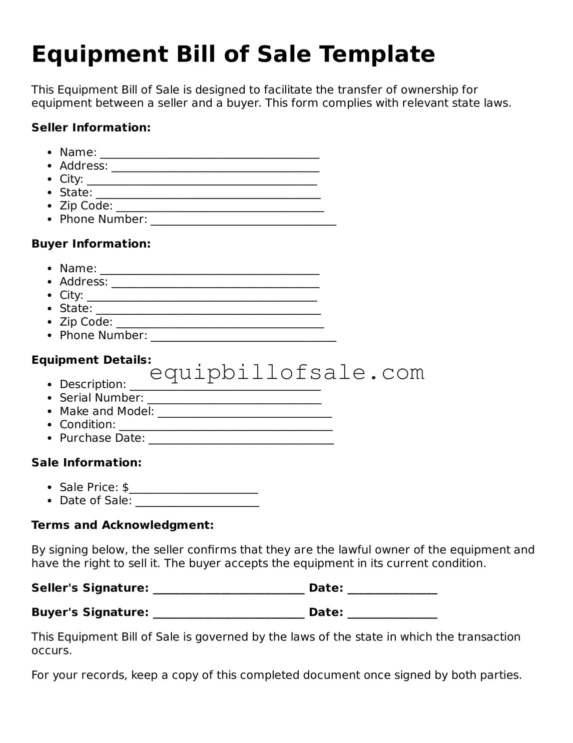 Official Equipment Bill of Sale Template